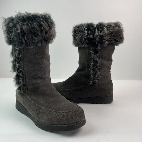 White Mountain Gray Suede Boots 7.5 Fur Lined Mid Calf Cabincore Comfy Winter - Picture 9 of 11
